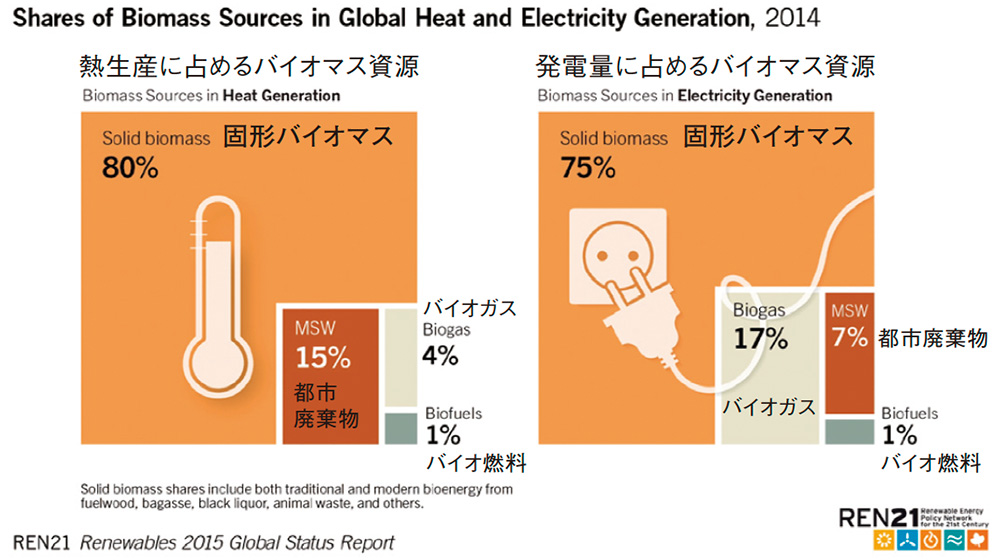 世界のバイオマス資源による熱生産と発電量の中の資源割合（2014年）【＊31】